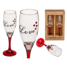 Sektglas mit Herzen und rotem Sockel, Love,