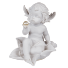 Sitting polyresin angel with pearl on flower,