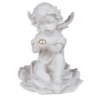 Sitting polyresin angel with pearl on flower,