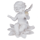 Sitting polyresin angel with pearl on flower,