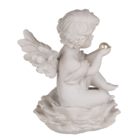 Sitting polyresin angel with pearl on flower,