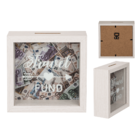 White wooden savings box, Travel Fund,